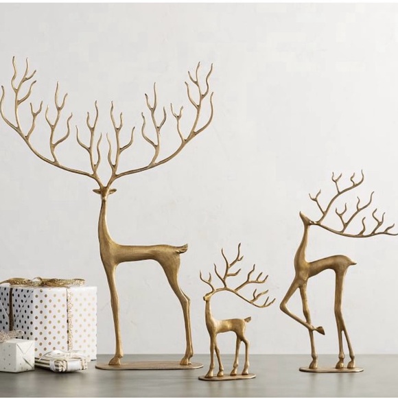 * SET OF 2 * NWT Pottery Barn Brass Merry Reindeer Set (1 Small & 1 Medium) - Picture 5 of 9